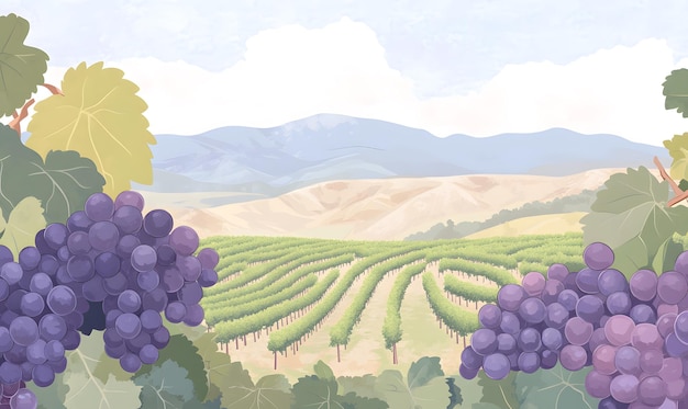 a cartoon vector illustration with purple grapes and green vineyards in the background