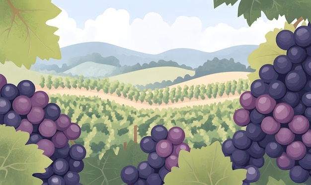 a cartoon vector illustration with purple grapes and green vineyards in the background