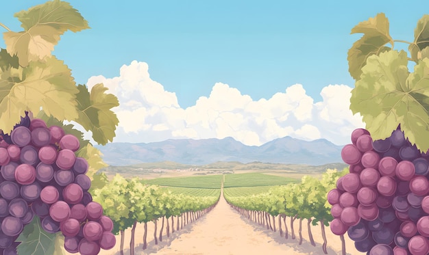 a cartoon vector illustration with purple grapes and green vineyards in the background