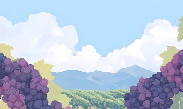 a cartoon vector illustration with purple grapes and green vineyards in the background