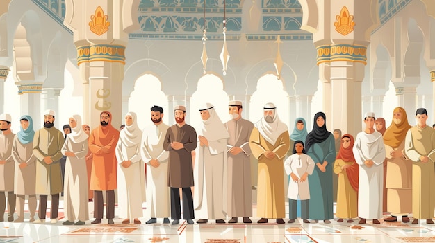 Cartoon vector of people attending the Eid al Adha prayer at a mosque with men women and children in traditional clothing and a beautifully decorated mosque interior Generative AI