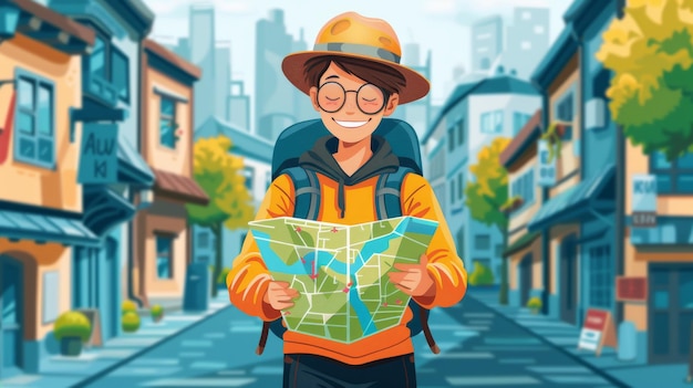 Cartoon vector traveler using a map to navigate in a foreign city