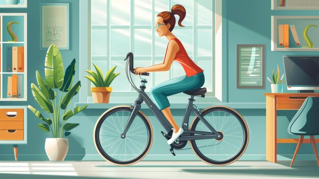 Photo cartoon vector woman cycling on a stationary bike