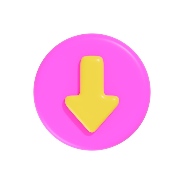 Cartoon volumetric round icon in pink color with a yellow down arrow 3d render