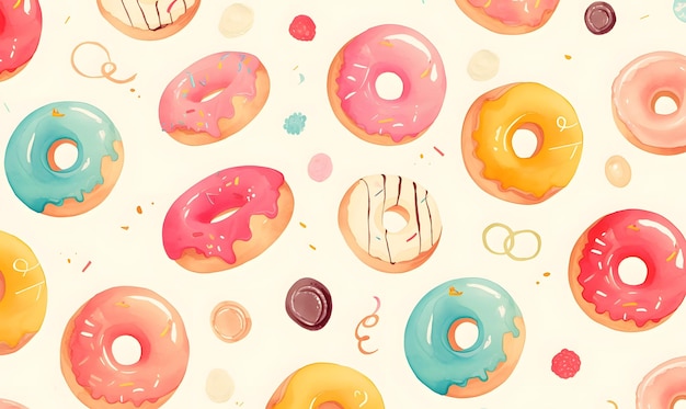 Cartoon watercolor donuts pattern background