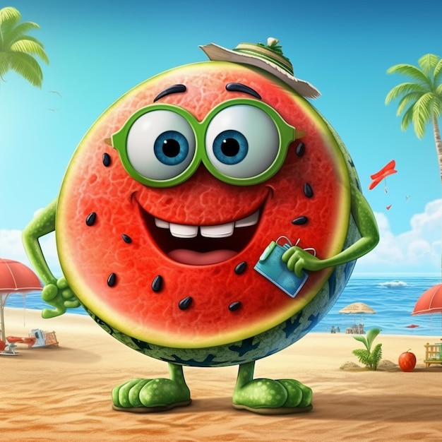 Cartoon watermelon character on the beach with sunglasses and a cell phone generative ai