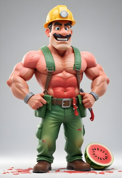 cartoon watermelon construction worker 3d render