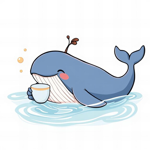 Photo cartoon whale with coffee cup in mouth in water