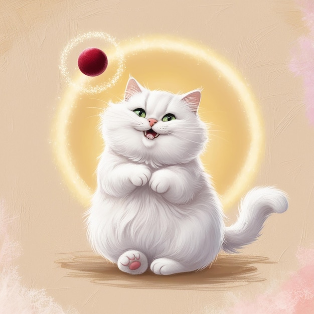 a cartoon of a white cat with green eyes and a red ball in the air