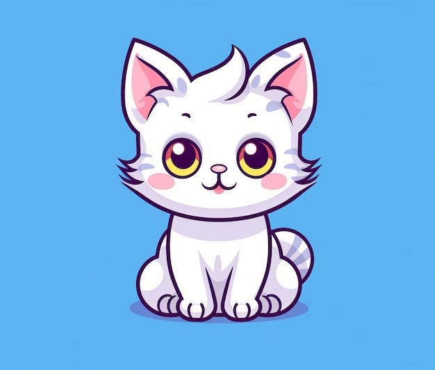 A cartoon of a white cat with yellow eyes sits on a blue background.