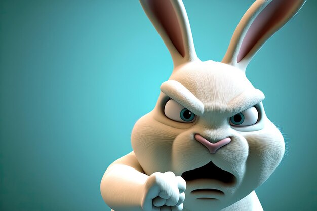 A cartoon white Easter bunny points