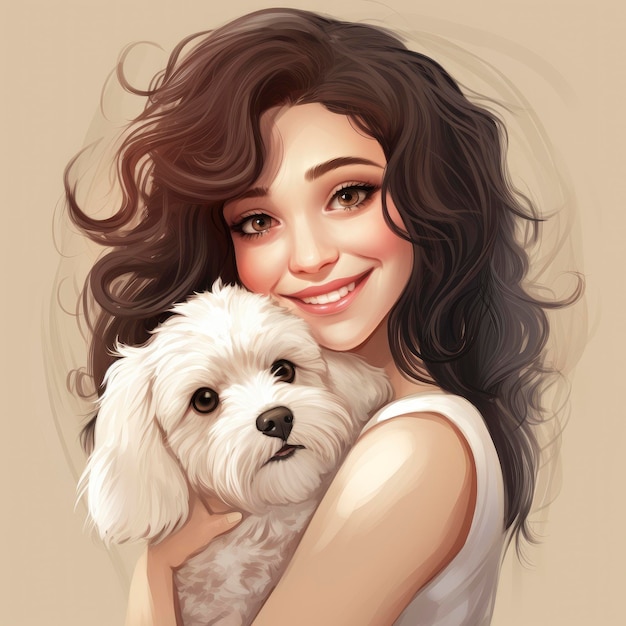 Cartoon of White Maltipoo Playing with Brunette Woman