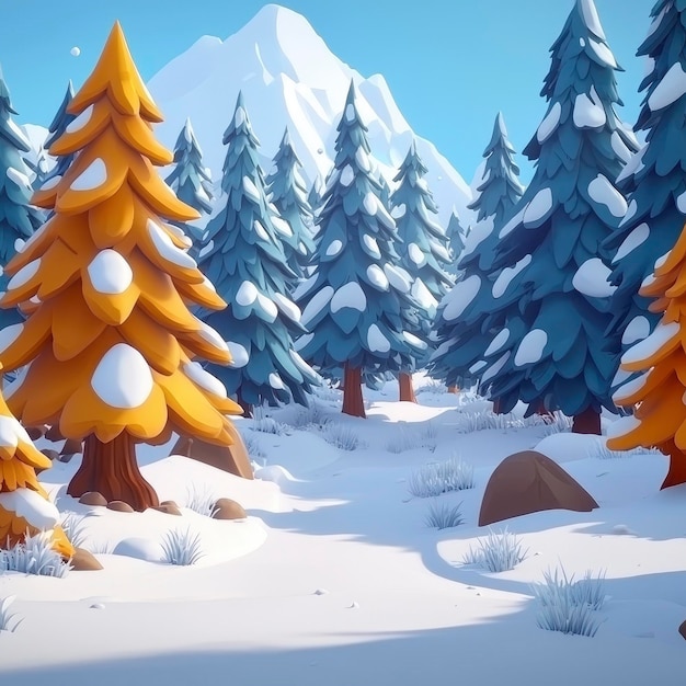 Cartoon Winter Forest Landscape with Snow Covered Trees