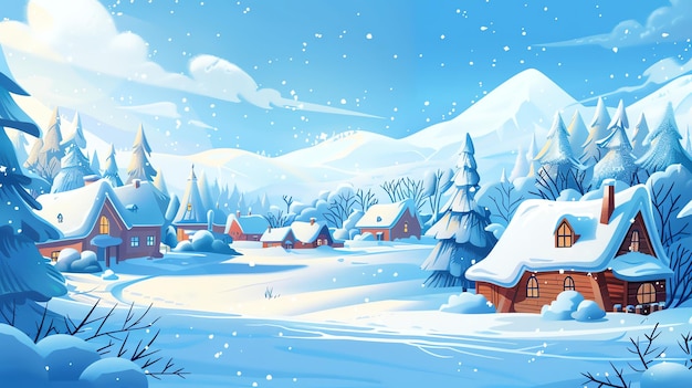 A cartoon winter scene of a snowcovered village with houses trees and snow falling