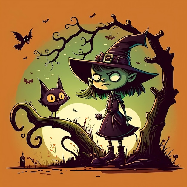 A cartoon of a witch and a black cat on a tree branch.