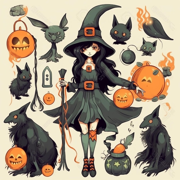 A cartoon of a witch with a black pumpkin and a black pumpkin.