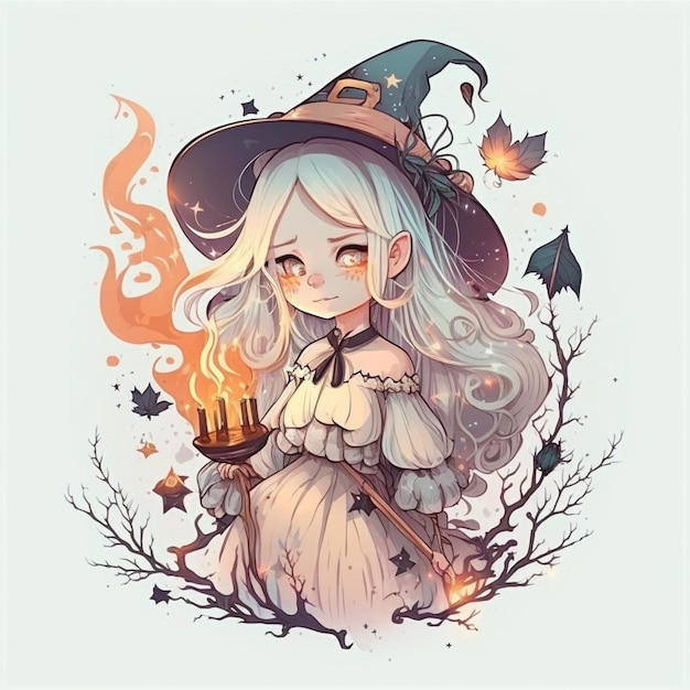 A cartoon of a witch with a burning candle.