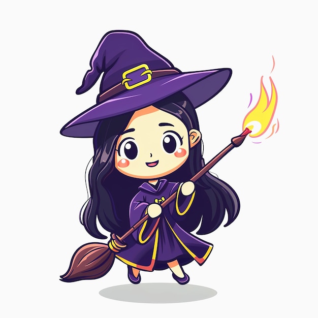 Photo a cartoon witch with a flametip broomstick flying