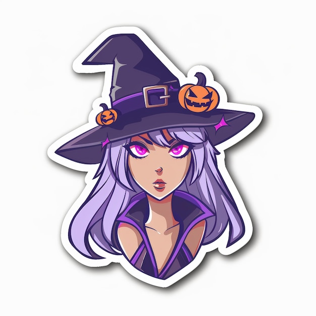 A cartoon witch with long purple hair wearing a black pointy hat decorated with pumpkins has intense purple eyes