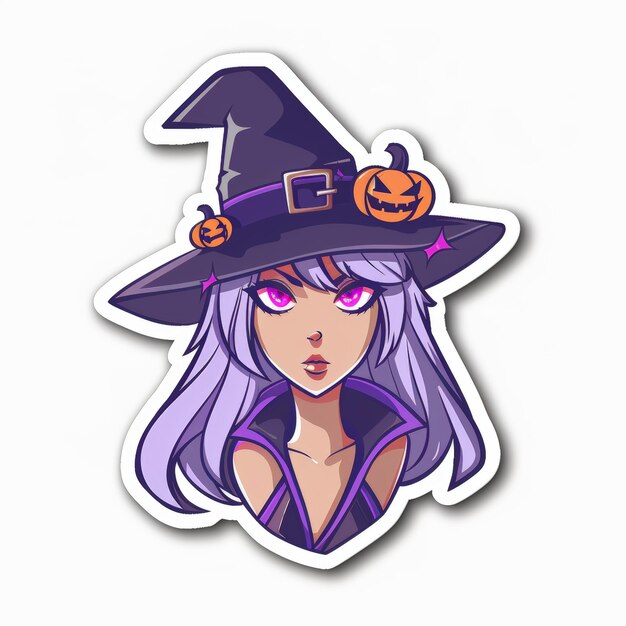 Photo a cartoon witch with long purple hair wearing a black pointy hat decorated with pumpkins has intense purple eyes