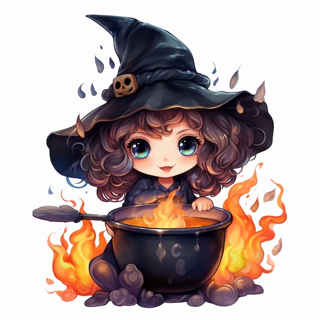 cartoon witch with a pot of boiling witches food generative ai