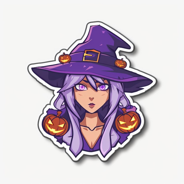 A cartoon witch with purple hair and a hat with pumpkins is looking at the viewer