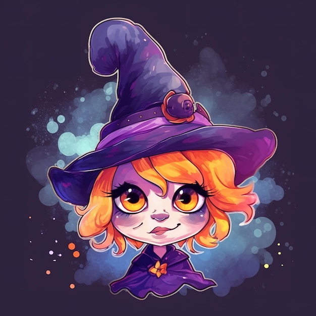 A cartoon of a witch with a purple hat and orange eyes.