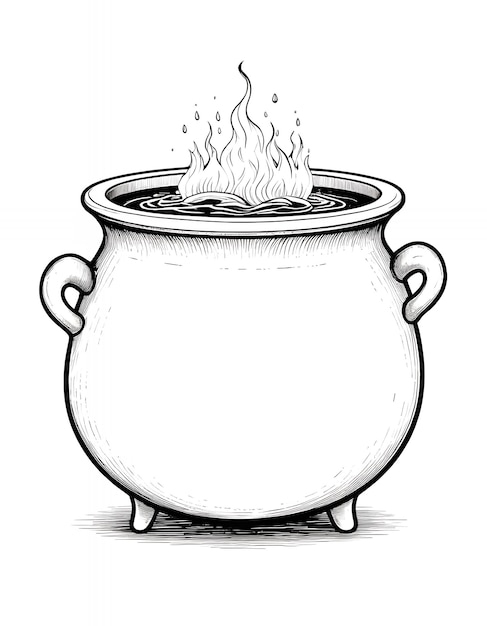 A cartoon witchs cauldron filled with a fiery brew