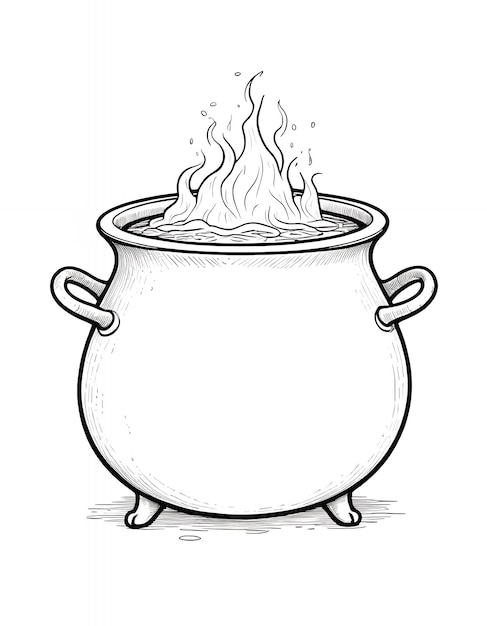 A cartoon witchs cauldron over a fire with black and white gradient