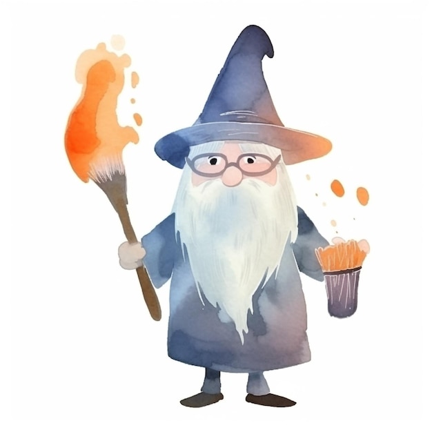 A cartoon of a wizard holding a paintbrush.