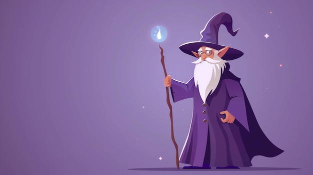 Cartoon wizard standing with a staff on a purple background