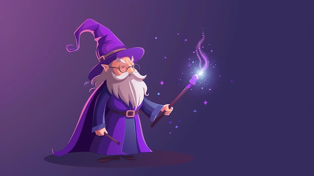 Cartoon wizard with long beard and purple robes casting magic with glowing staff