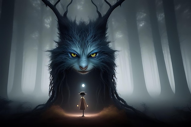 a cartoon of a wolf with a light on his head and a man with a light in the background