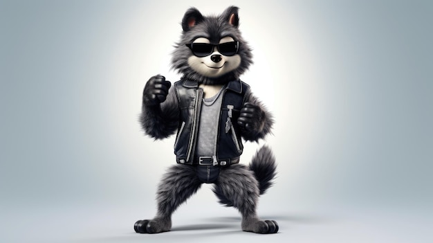 A cartoon wolf with sunglasses and a leather jacket is standing in front of a white background.