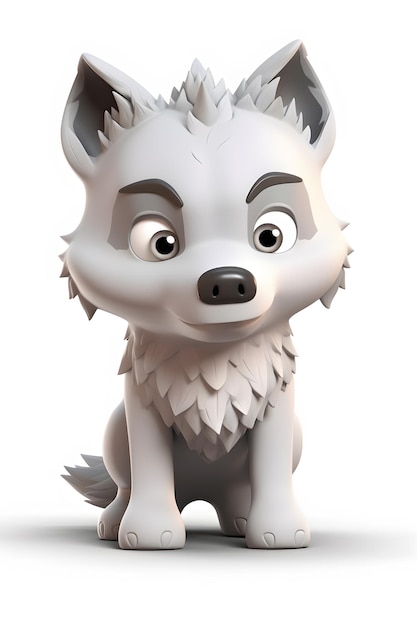 A cartoon wolf with a white face and a black nose sits on a white background