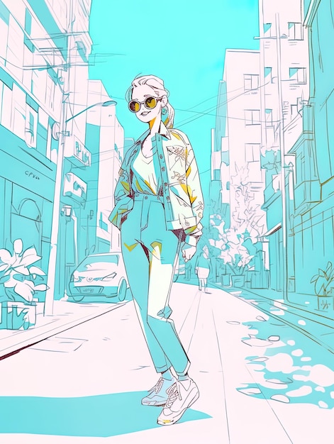 Photo a cartoon of a woman in a blue jacket and sunglasses