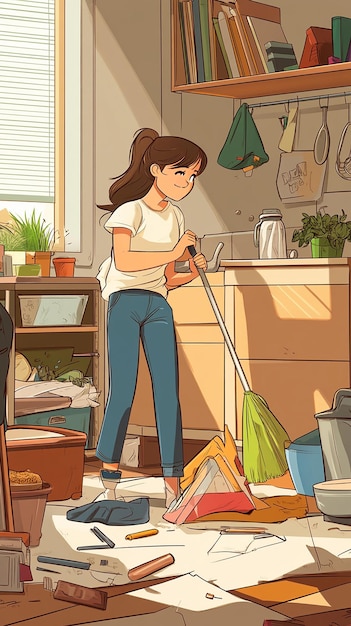 Photo a cartoon of a woman cleaning the kitchen floor