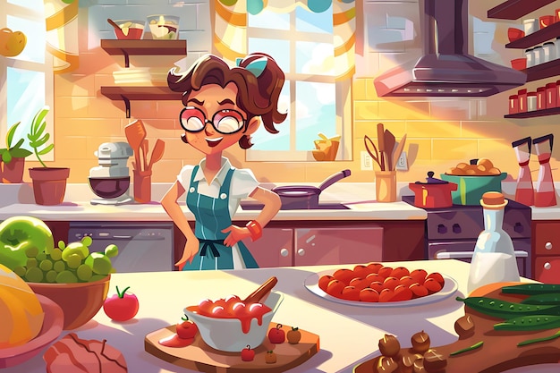 Photo cartoon woman cooking in a sunny kitchen