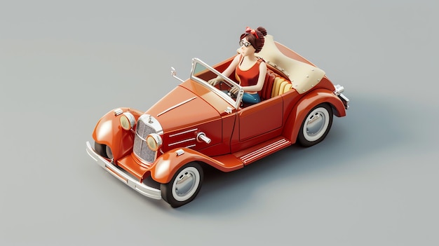 Photo a cartoon woman driving a red classic car