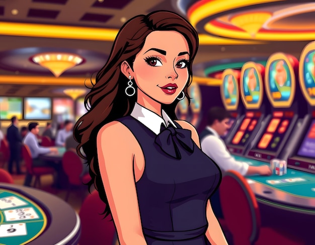 a cartoon of a woman in front of a slot machine