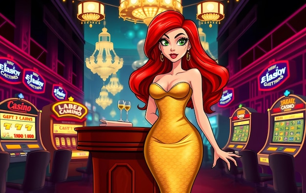 a cartoon of a woman in a gold dress with a red hair