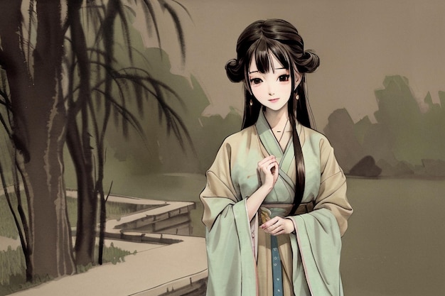 A cartoon of a woman in a green kimono