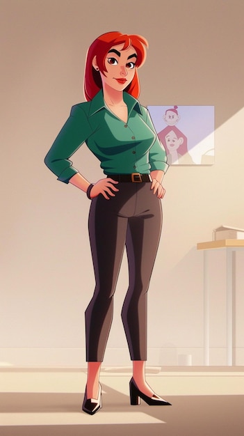 Photo cartoon of a woman in a green shirt and black pants generative ai