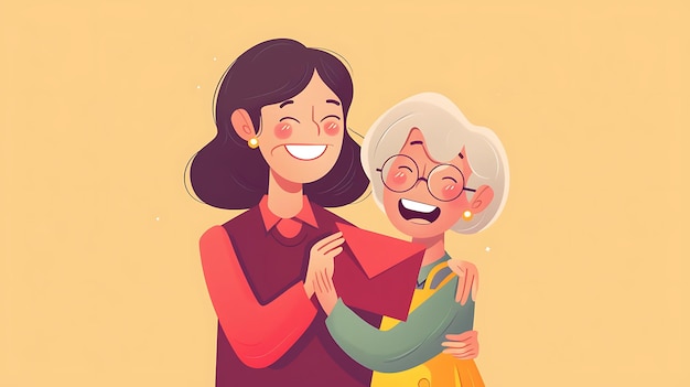 a cartoon of a woman hugging her mother