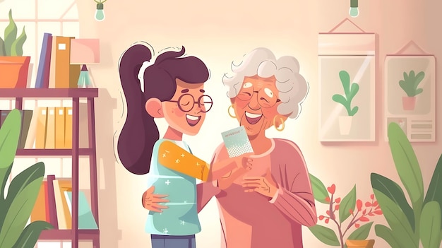 Photo a cartoon of a woman hugging an older woman