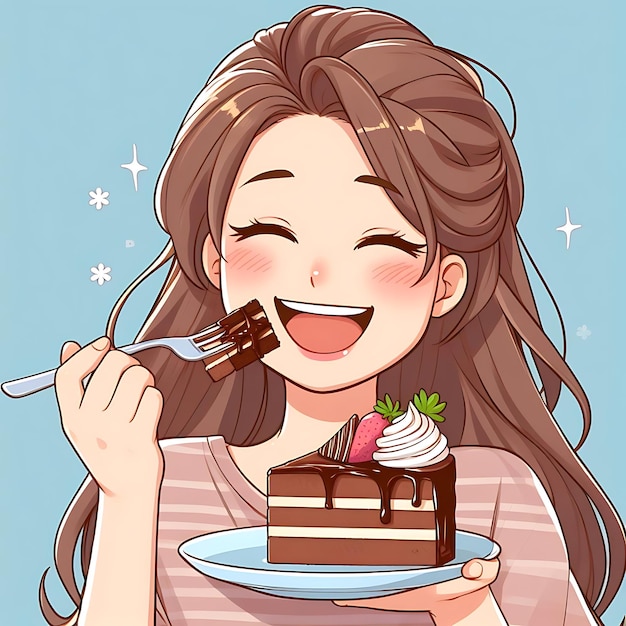 a cartoon woman is eating a piece of chocolate cake