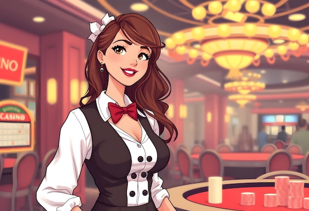 a cartoon woman is standing in front of a table with a cup of coffee