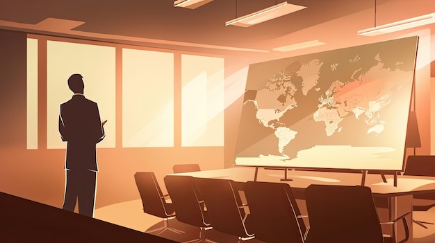 A cartoon of a woman in a meeting room with a world map on the wall.