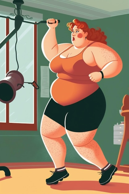 A cartoon of a woman in an orange tank top and shorts