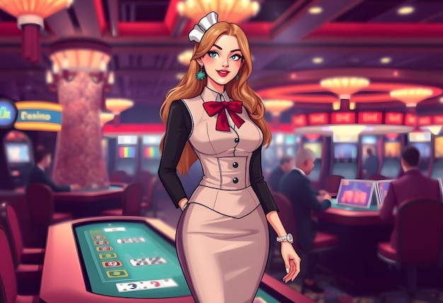 a cartoon of a woman playing a game with a card in the background